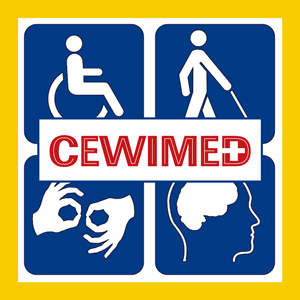 logo CEWIMED - dostępność plus logo przedstawiające 4 problematyki dostępności